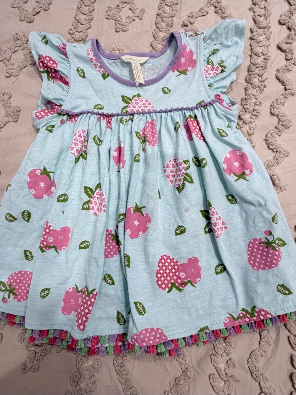 Matilda Jane Light Blue Top with Pink Strawberry Print and Purple Trim